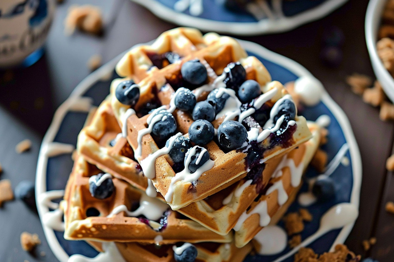 Blueberry Muffin Waffles with Cinnamon Streusel and Vanilla Glaze