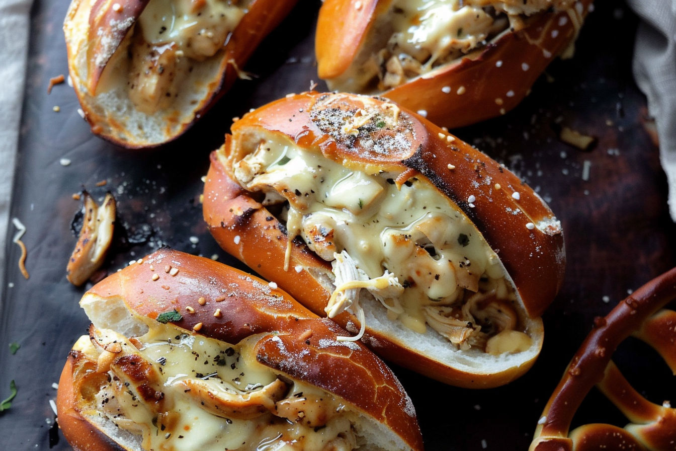 Honey Dijon Chicken Cheesesteaks on Pretzel Rolls