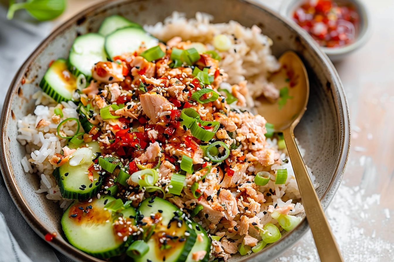 Spicy Canned Salmon Salad Rice Bowl