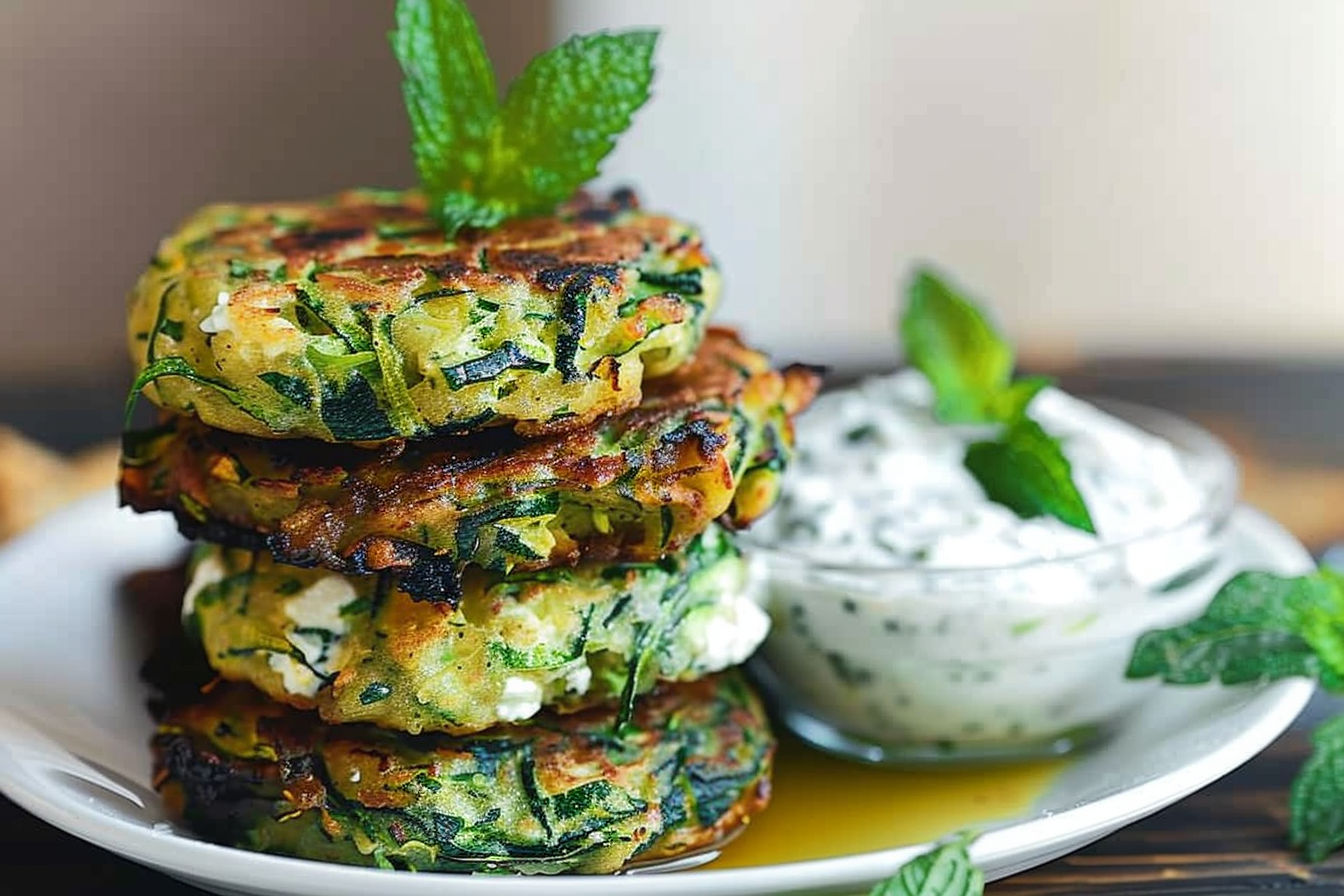 Zucchini Feta and Spinach Fritters with Garlic Tzatziki