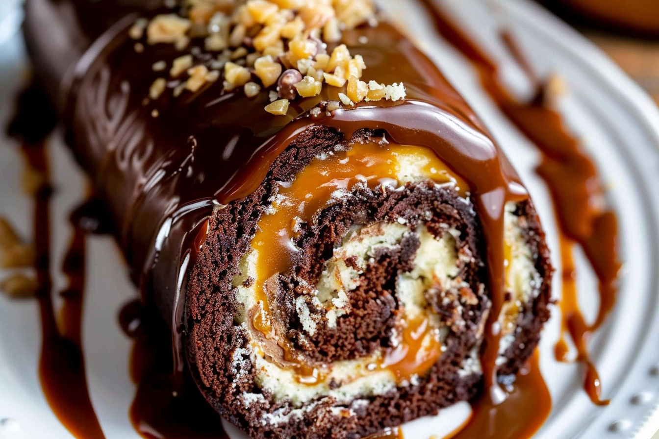 Chocolate Caramel Turtle Cake Roll