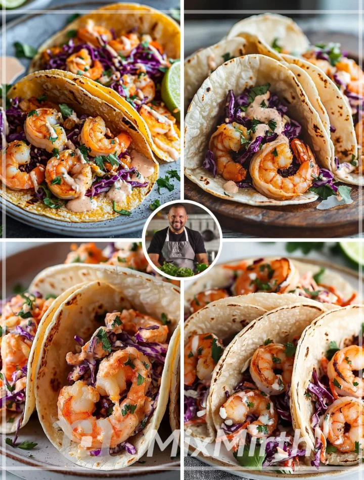 Baja shrimp tacos with creamy slaw served on a plate