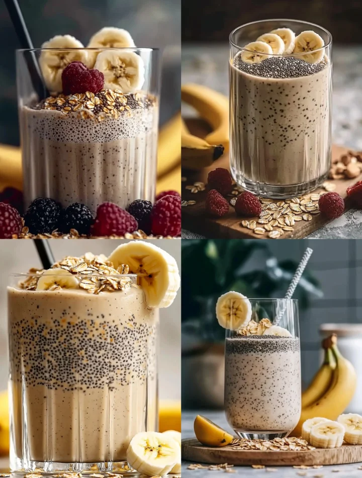 Banana Chia Oatmeal Smoothie in a glass with fresh banana slices