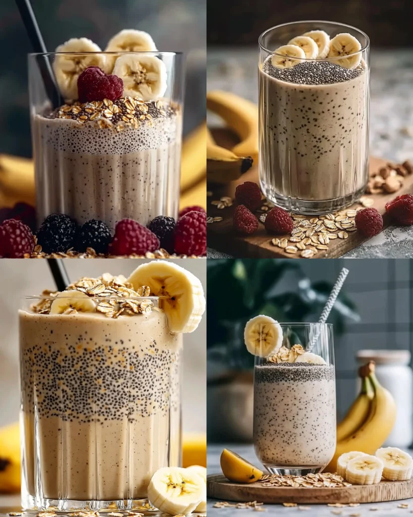 Banana Chia Oatmeal Smoothie in a glass with fresh banana slices