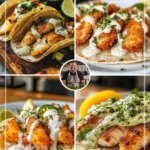 Battered halibut tacos served with jalapeño ranch sauce