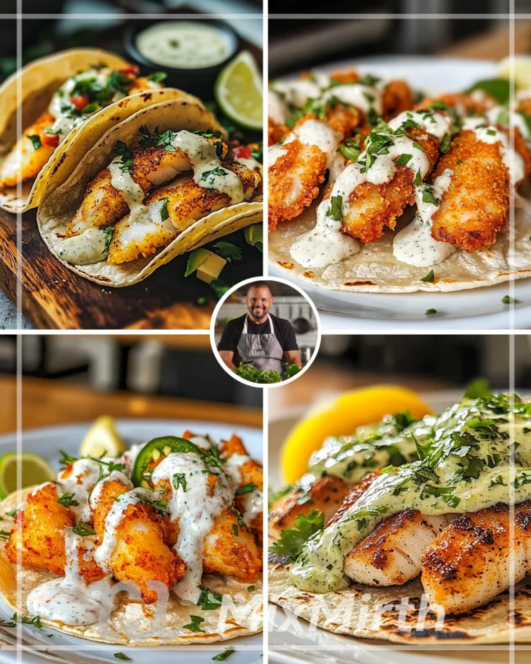 Battered halibut tacos served with jalapeño ranch sauce