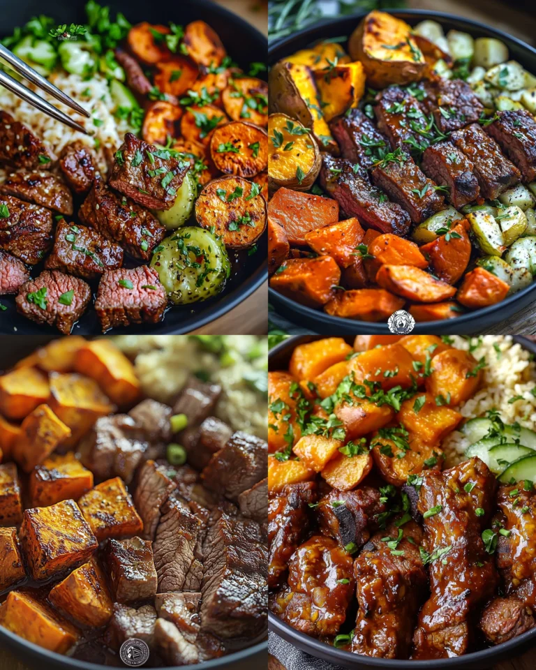 BBQ beef strips served with roasted sweet potatoes on a plate