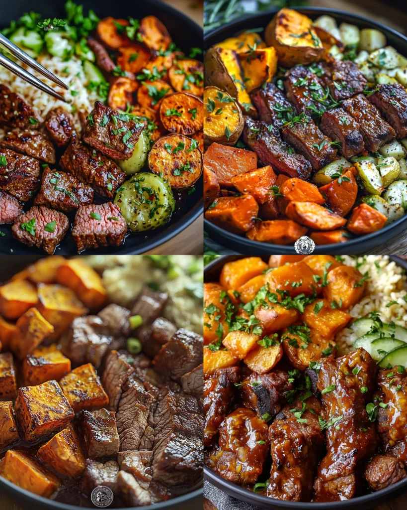 BBQ beef strips served with roasted sweet potatoes on a plate