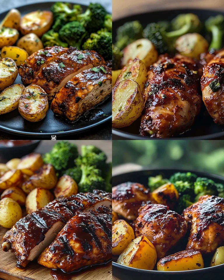 BBQ chicken served with roasted potatoes and steamed broccoli