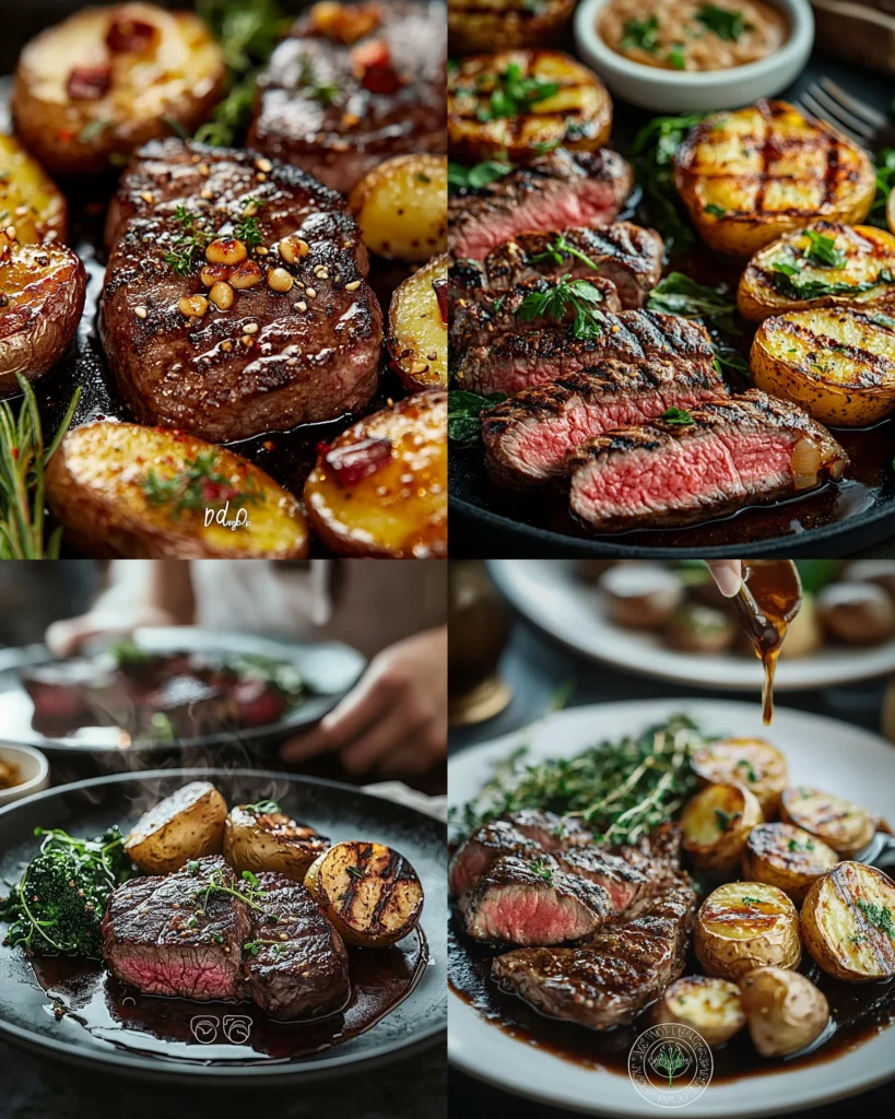 Delicious black garlic steak with umami miso butter potato on a plate