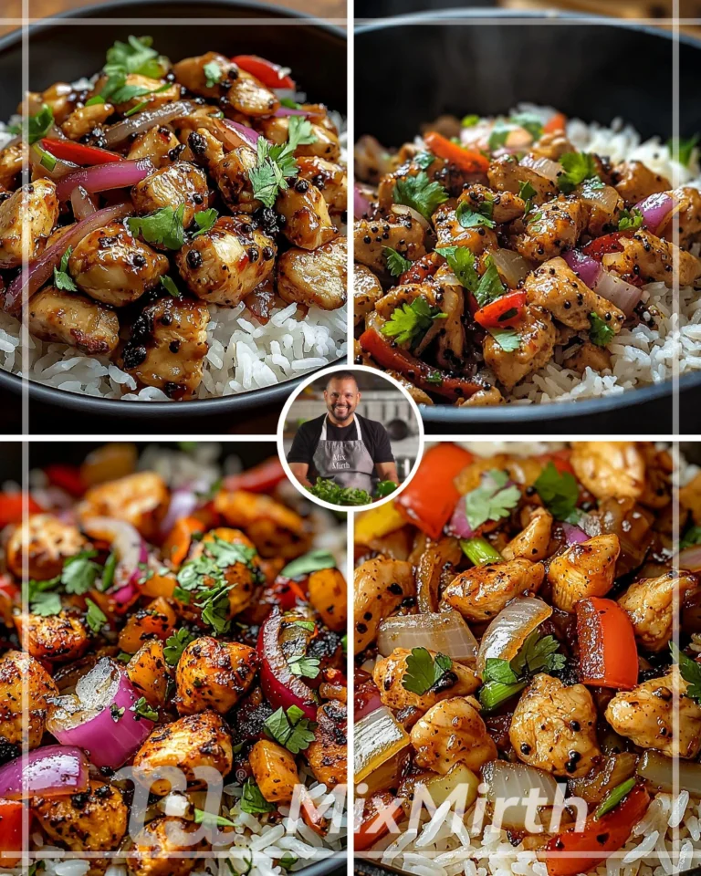 Black pepper chicken stir-fry with onions and rice served in a bowl