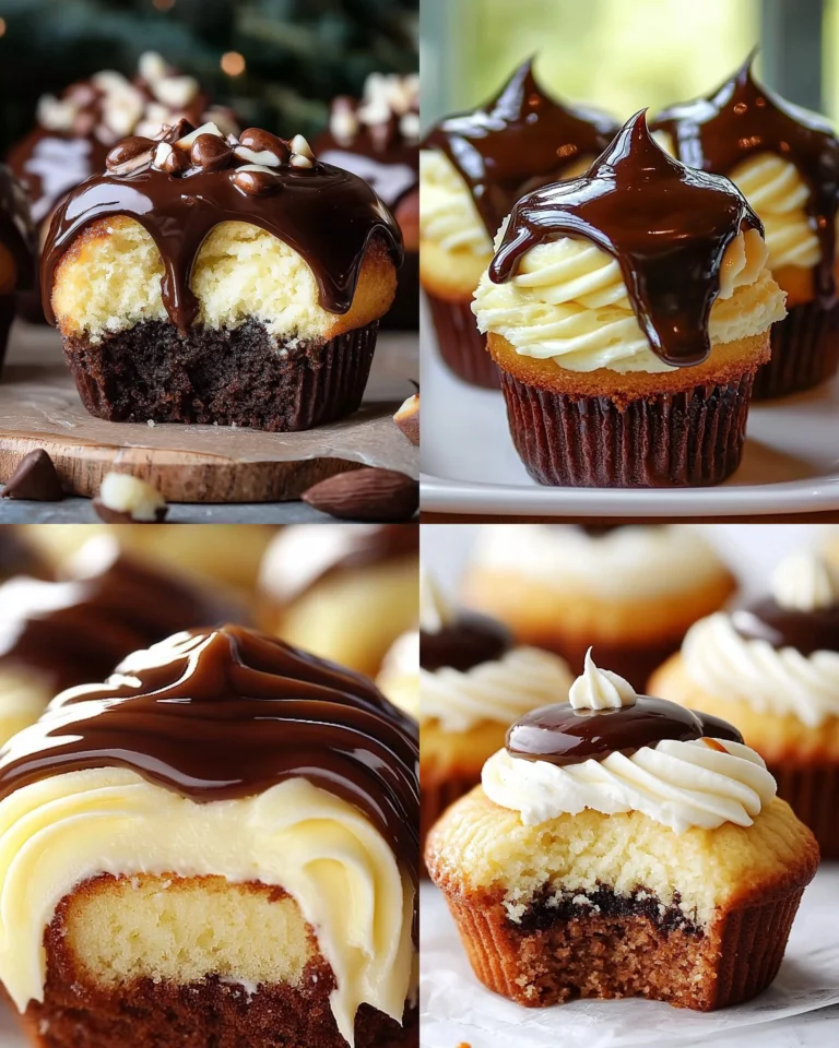 Delicious Boston Cream Pie Cupcakes topped with chocolate and creamy filling