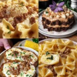 Bowtie pasta dish with beef, cream, garlic, and parmesan toppings