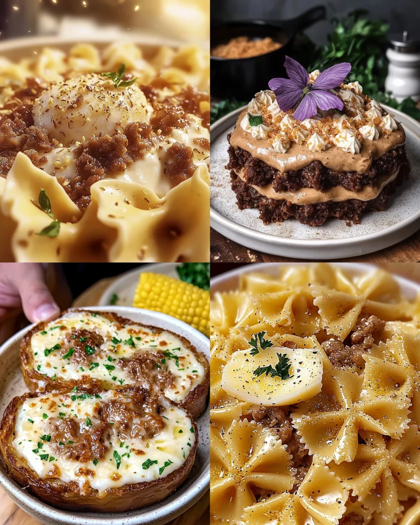 Bowtie pasta dish with beef, cream, garlic, and parmesan toppings