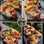 Burrata Crostini with Prosciutto and Peaches served on a rustic board