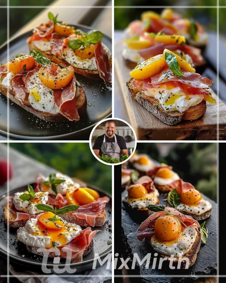Burrata Crostini with Prosciutto and Peaches served on a rustic board
