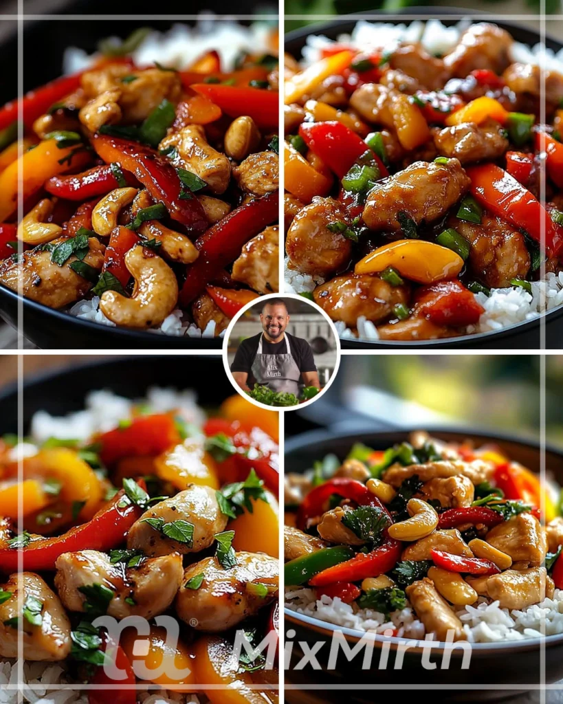 Cashew chicken stir-fry with peppers and rice on a plate