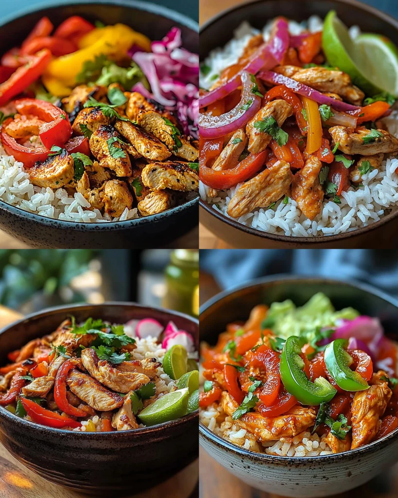 Delicious Chicken Fajita Rice Bowls topped with vibrant peppers and spices