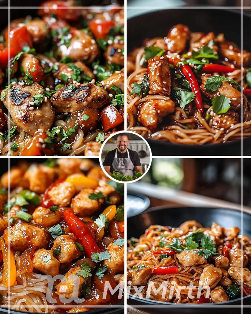 Chili Garlic Chicken Stir-Fry with Rice Noodles served in a bowl.