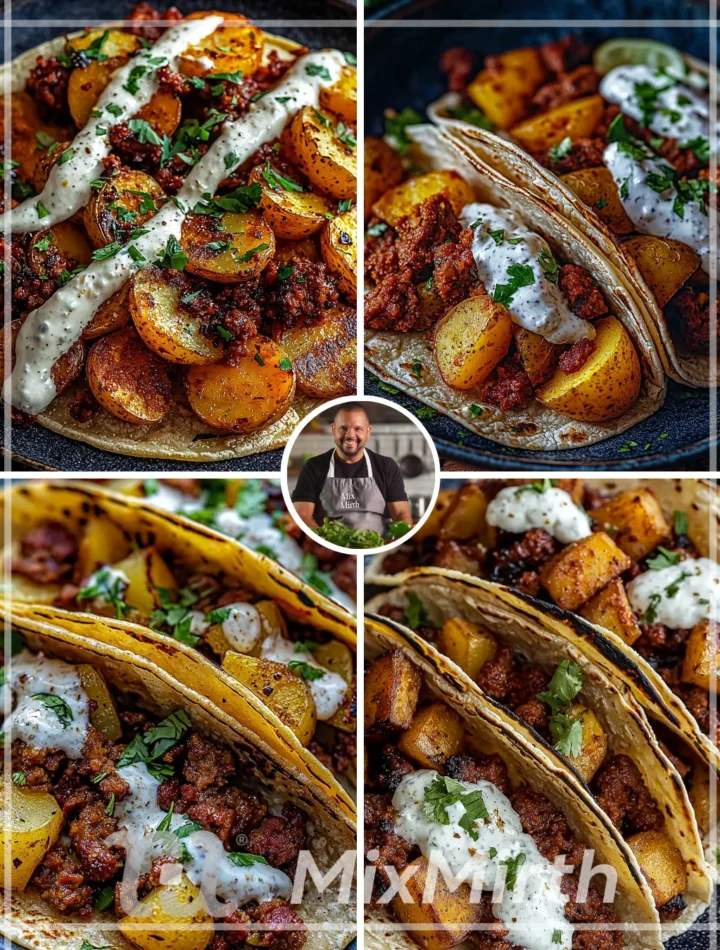 Chorizo and potato tacos topped with garlic crema