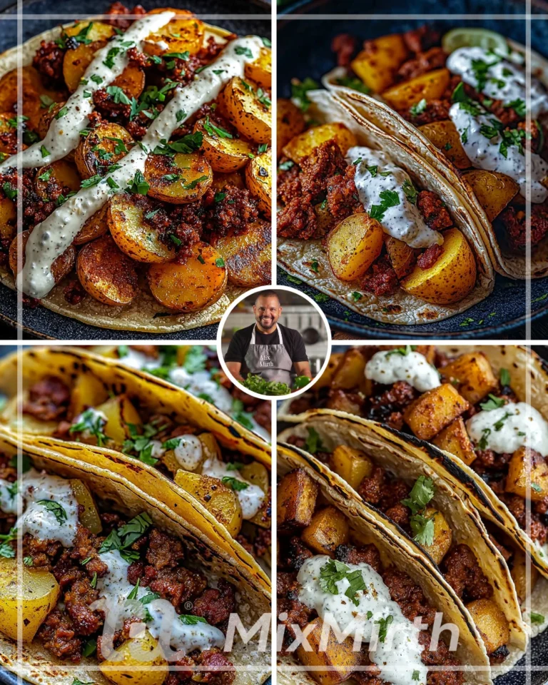 Chorizo and potato tacos topped with garlic crema