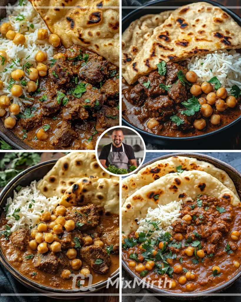 Delicious Coconut Beef Curry served with chickpeas and garlic naan