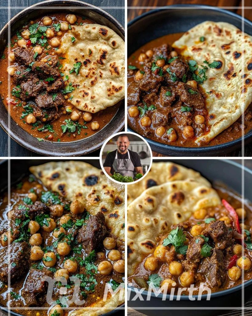 Coconut Beef Curry with chickpeas and garlic naan on a plate