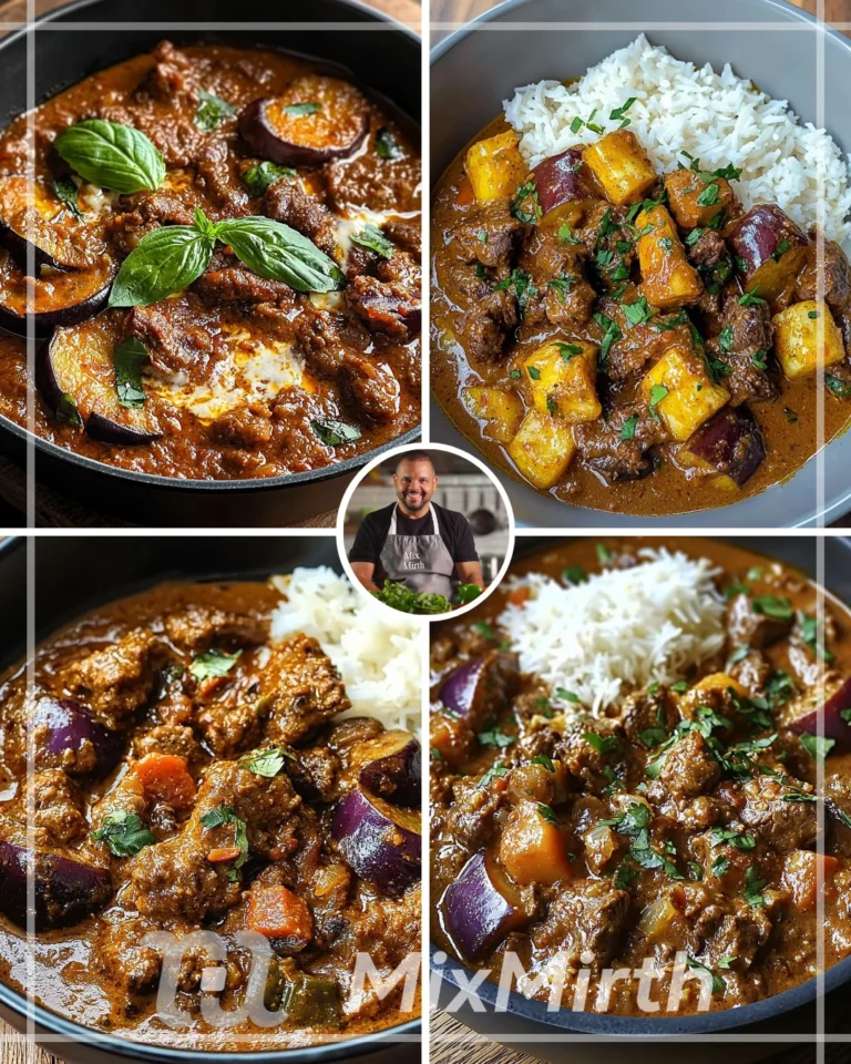 Coconut Beef Curry with eggplant served in a bowl