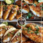 Coconut crusted fish tacos topped with sweet chili sauce on a plate