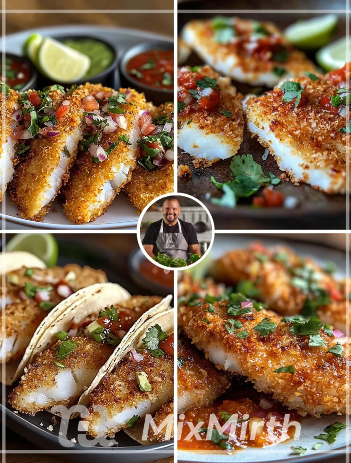 Coconut crusted fish tacos topped with sweet chili sauce on a plate