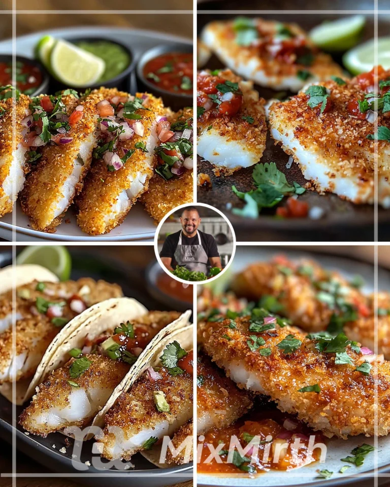 Coconut crusted fish tacos topped with sweet chili sauce on a plate