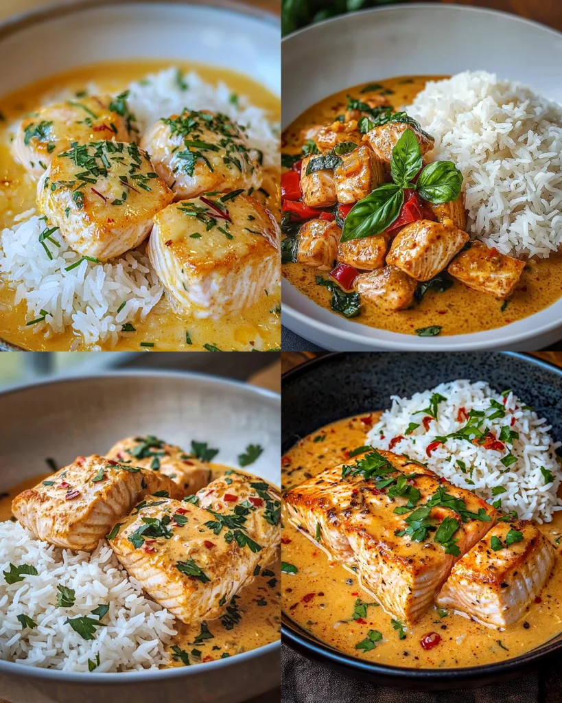 Delicious Coconut Curry Salmon served with Jasmine Rice on a plate