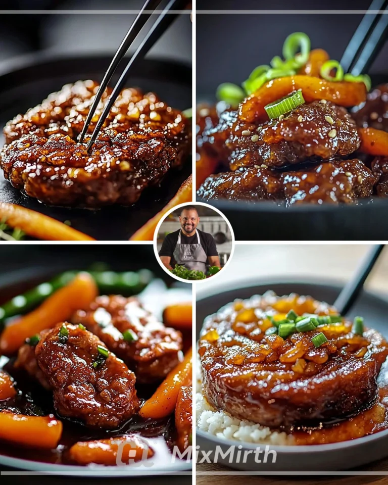 Plate of crispy beef topped with savory Asian sauce and garnished with vegetables