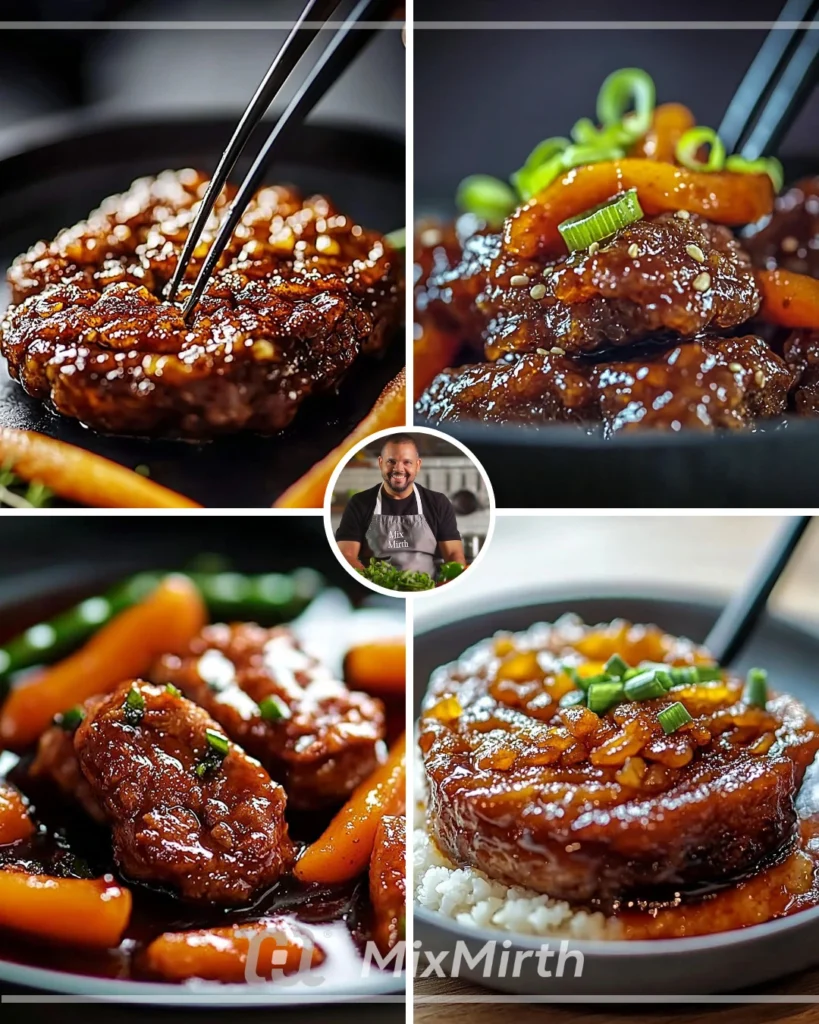 Plate of crispy beef topped with savory Asian sauce and garnished with vegetables