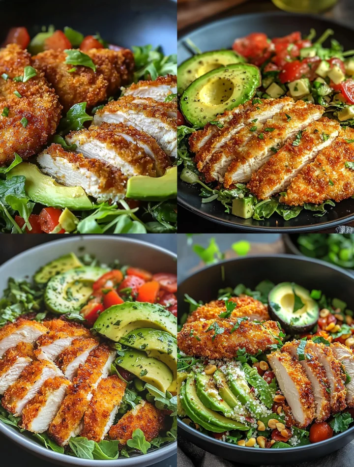 Crispy Parmesan Chicken served with fresh Avocado Salad