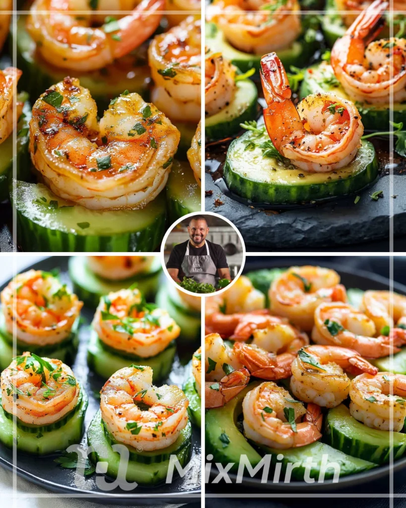 Delicious shrimp appetizers with avocado and cucumber served on a platter