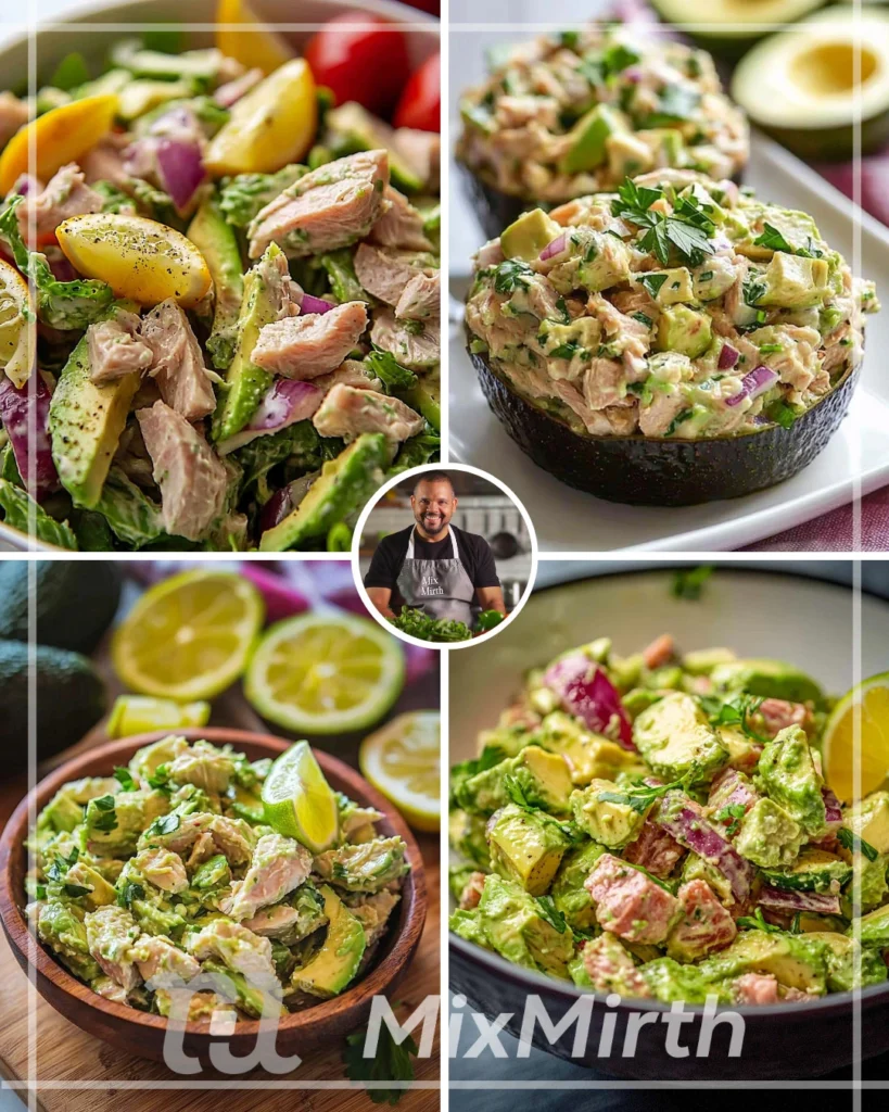 Fresh & Flavorful Avocado Tuna Salad in a bowl with ingredients.