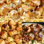 Delicious Garlic Butter Chicken Bites served with Creamy Parmesan Pasta