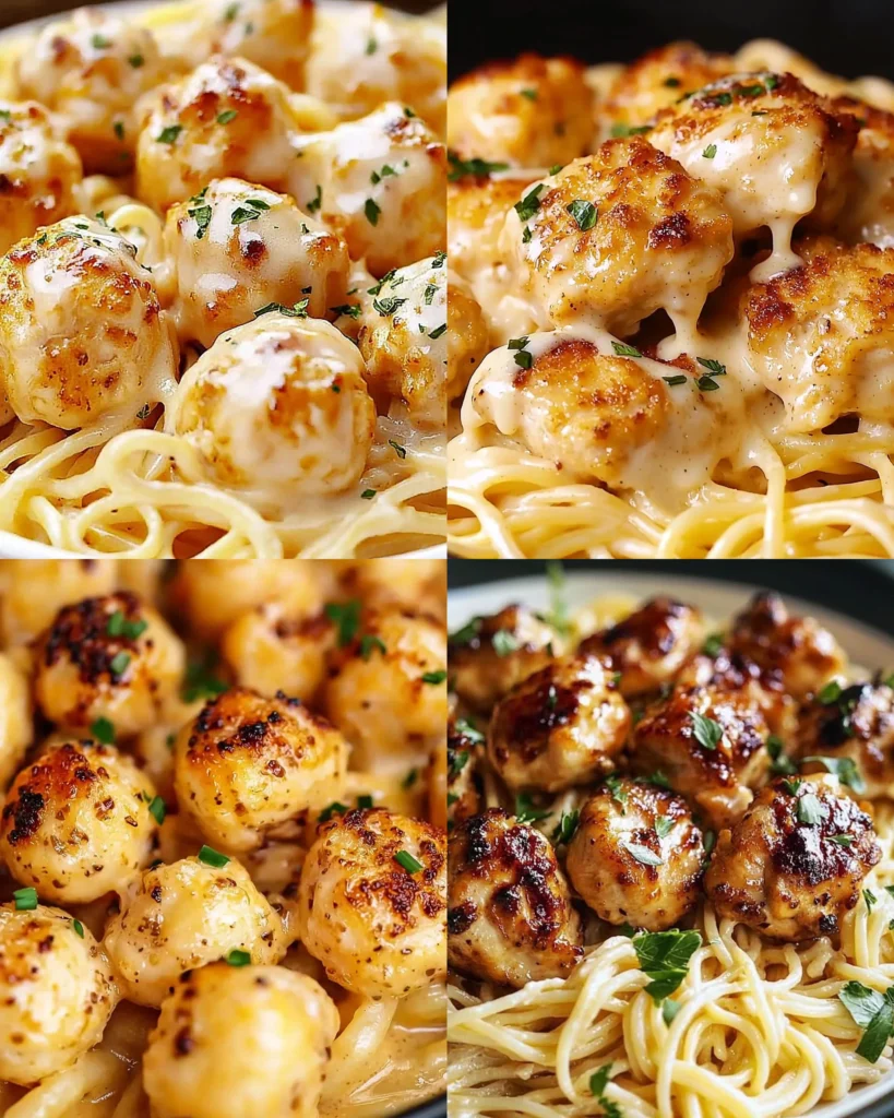 Delicious Garlic Butter Chicken Bites served with Creamy Parmesan Pasta