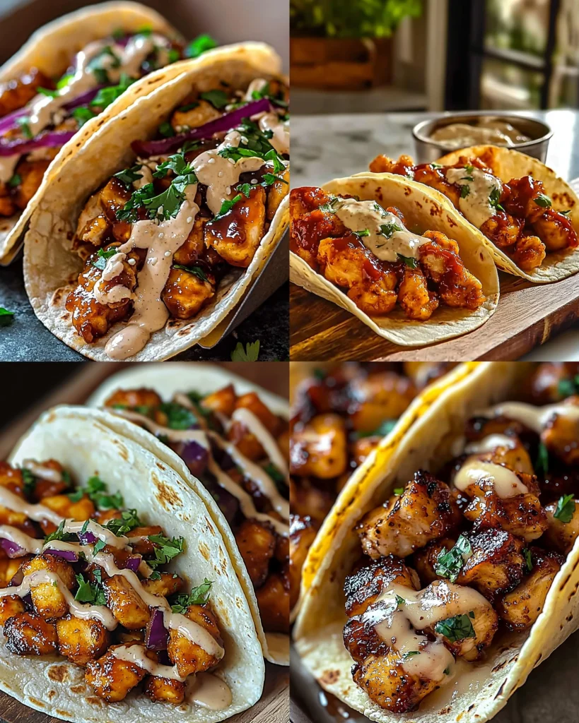 Delicious Garlic Butter Honey BBQ Chicken Tacos served with fresh toppings