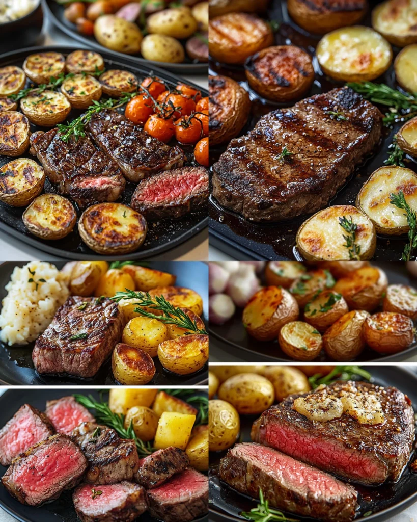 Delicious Garlic Butter Steak served with roasted potatoes