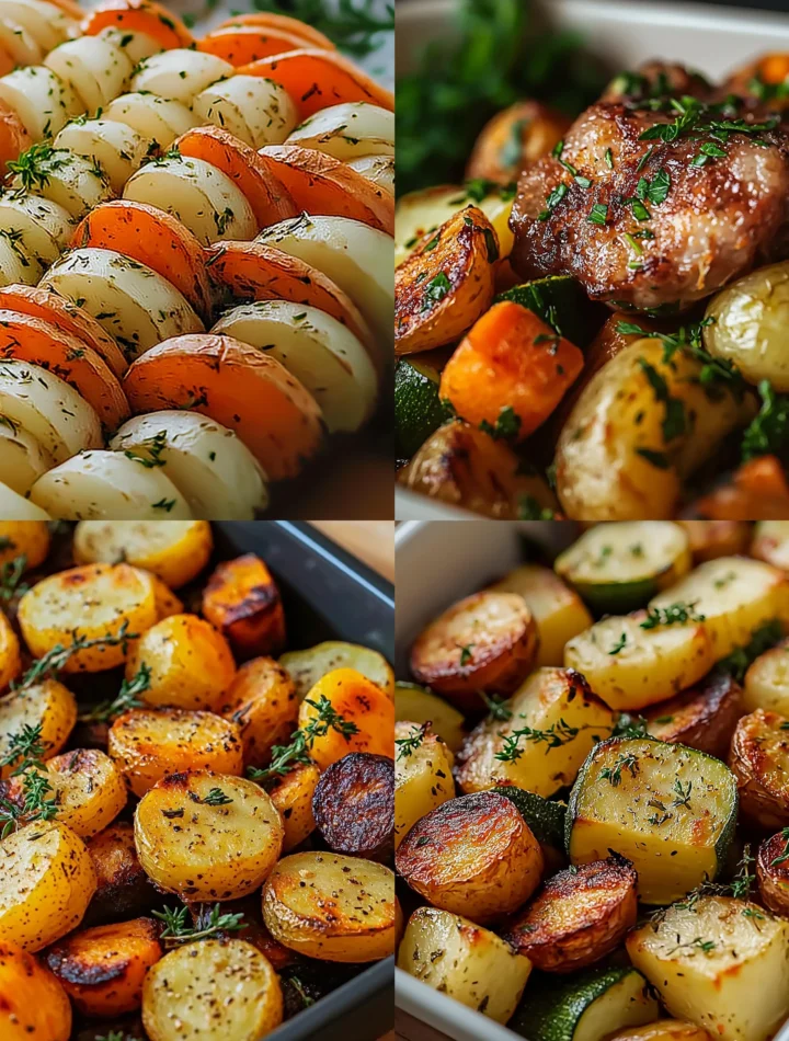 Delicious garlic roasted potatoes with herbs, carrots, and zucchini