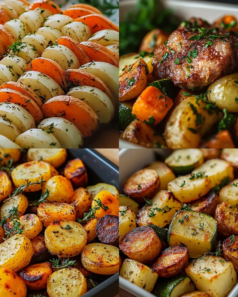 Delicious garlic roasted potatoes with herbs, carrots, and zucchini