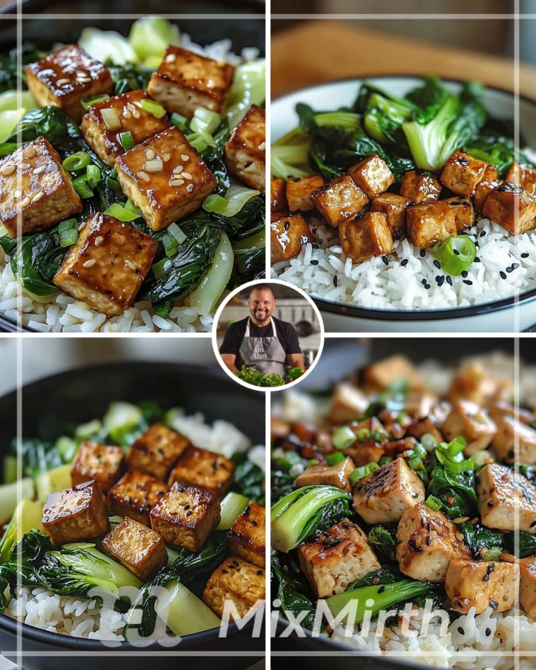 Delicious Garlic Tofu Stir-Fry with Bok Choy and Rice served in a bowl