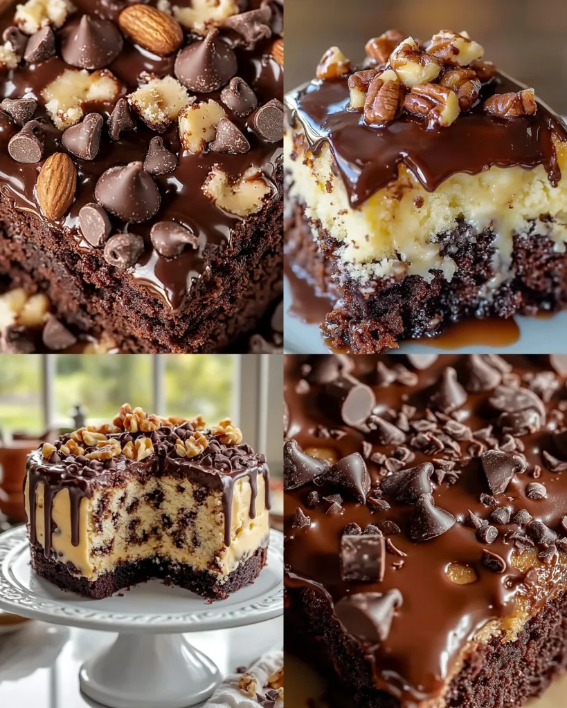 Sliced German Chocolate Poke Cake with coconut and pecan topping