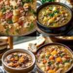 A bowl of delicious gourmet soup garnished with fresh herbs.