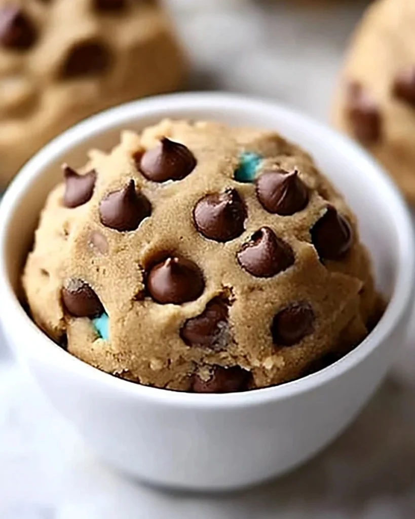 Bowl of Greek Yogurt Cookie Dough with chocolate chips and a spoon