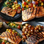 Delicious Grilled BBQ Salmon Plate served with fresh sides
