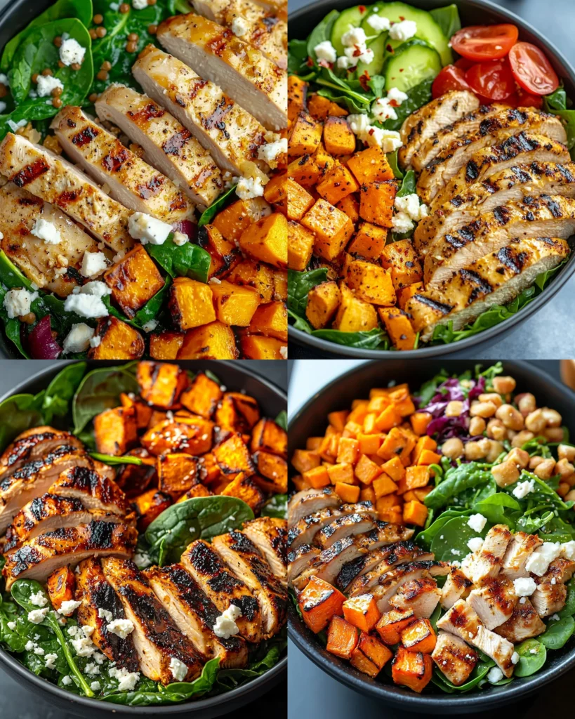Grilled chicken bowl with sweet potatoes, spinach, and feta cheese
