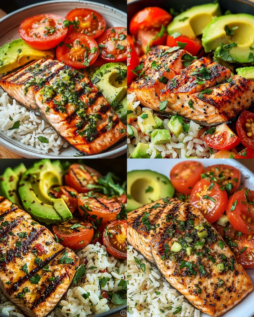 Grilled garlic herb salmon served with avocado tomato salad and rice
